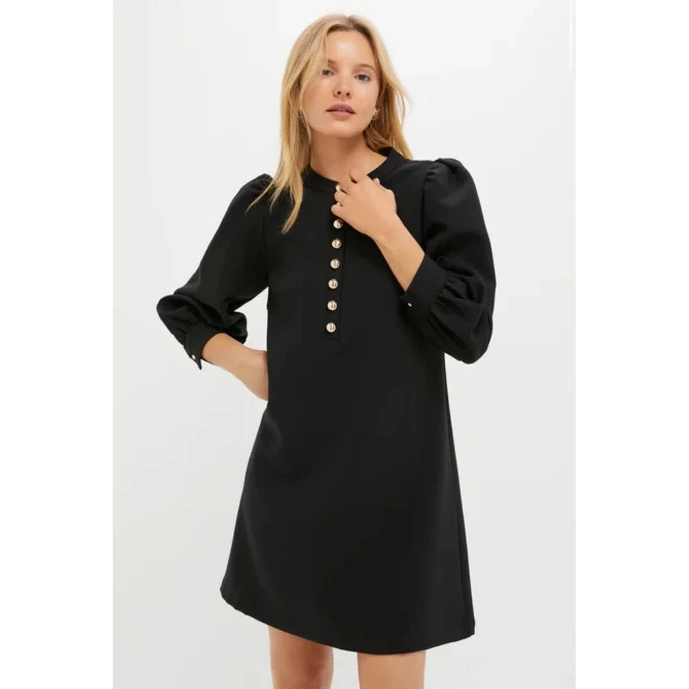 Pomander Place Samantha Mini Dress Black Puff Sleeve Gold Button Womens Small